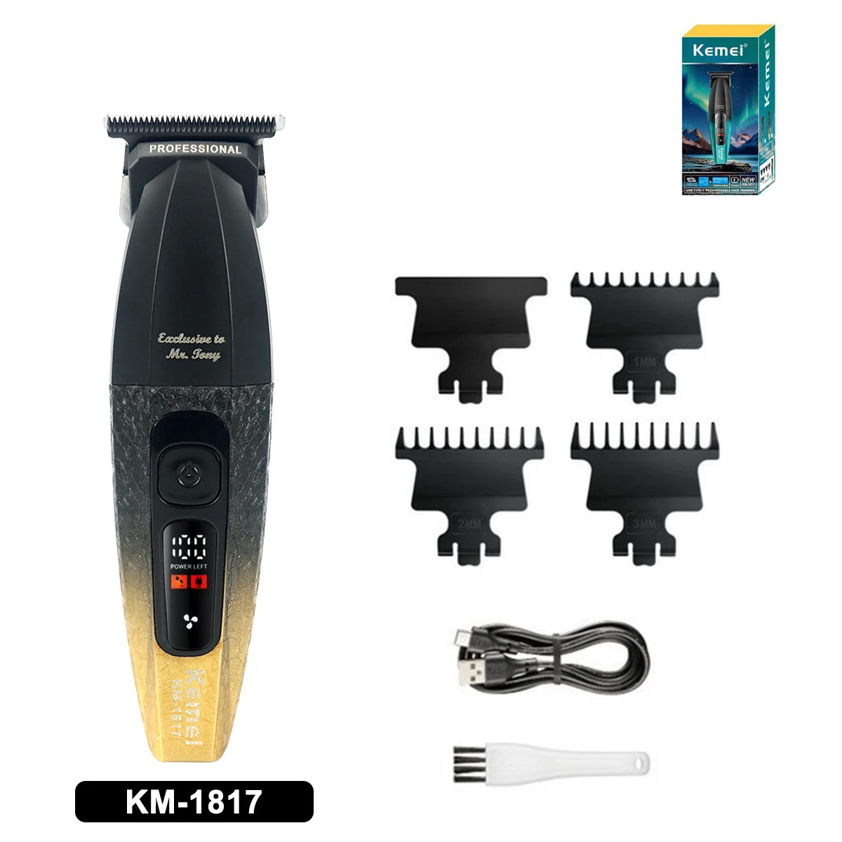Kemei KM-1817 Hair Trimmer for Men DLC Blade T-Blade 7500RPM Full Metal LCD Display Low Noise Professional Finishing Machine